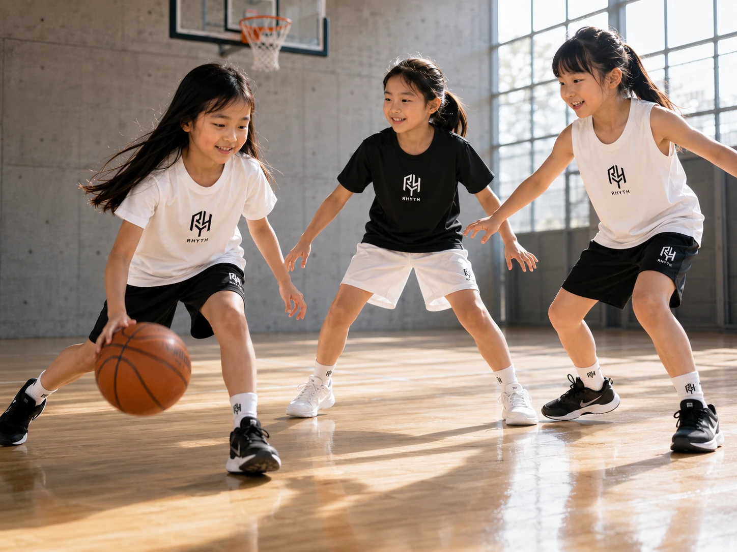 白と黒のRHYTHウェアでバスケットボールを楽しむ子どもたち